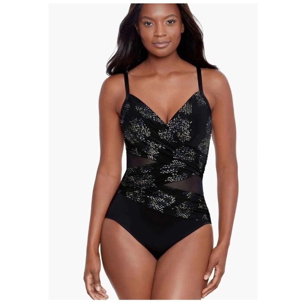 NWT Miraclesuit Mystique Black 1-pc Swimsuit Gold Iridium Tummy Slimming‎ Size 8